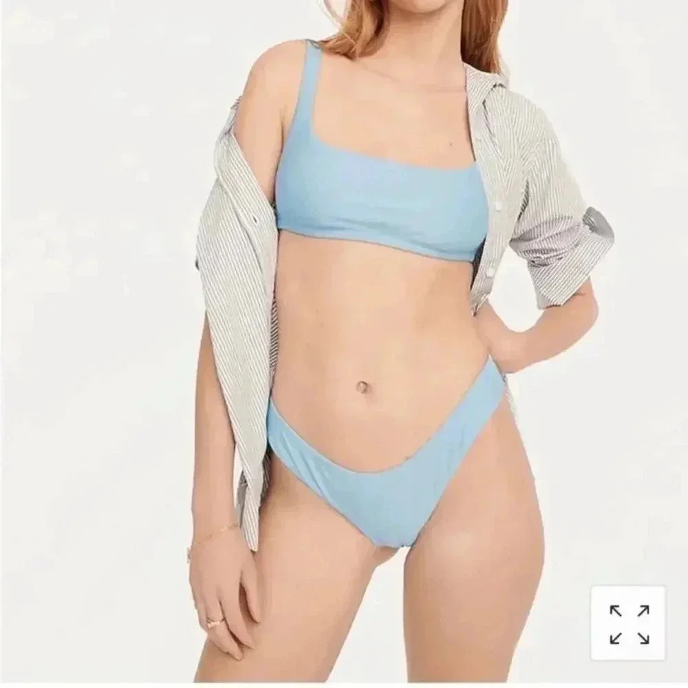 J.Crew Curved waist High Leg Cut cheeky bikini bottom in Blue Mist Medium NWT